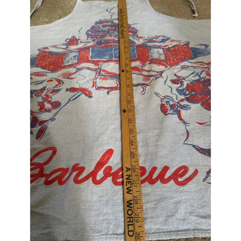 Vintage Mid Century Barbecue Apron Pig Bull Graphic Print Gray Red Blue MCM BBQ